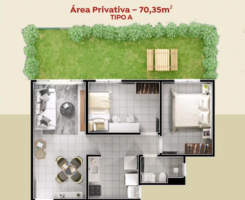 Planta ilustrativa do apartamento Garden com 70,35 m²